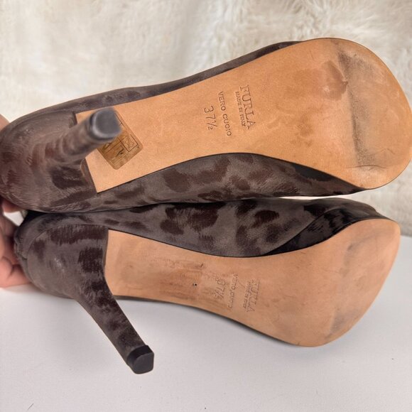 FURLA Leopard Print Peep Toe Ankle Boots 37.5 Brown Leather High Heel Stiletto - Picture 3 of 16